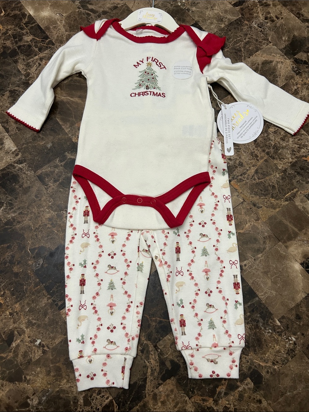NWT 🆕 Luxe Threads My First Christmas Baby Set in Cream and Red 100% cotton 3-6
